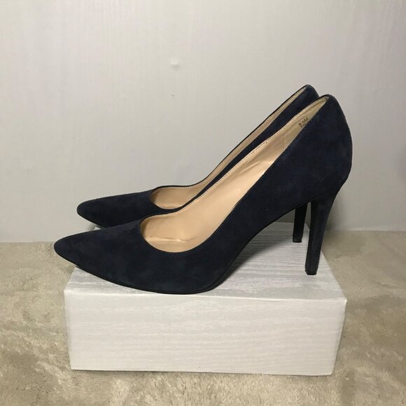 Nine West Etta Pumps 8 1/2 Navy Blue Point Toe Suede Leather Heels Womens - Picture 5 of 14